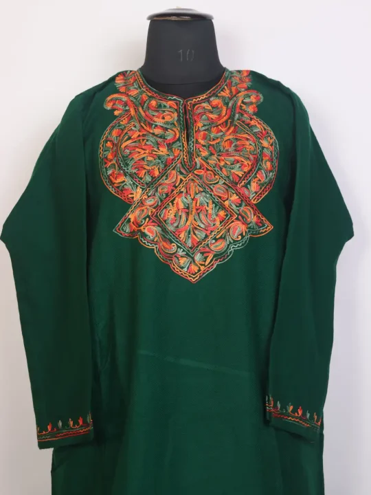 Naqshbahar Multicoloured Aari Work Kashmiri Cashmilon Pheran in Dark Green - Image 2