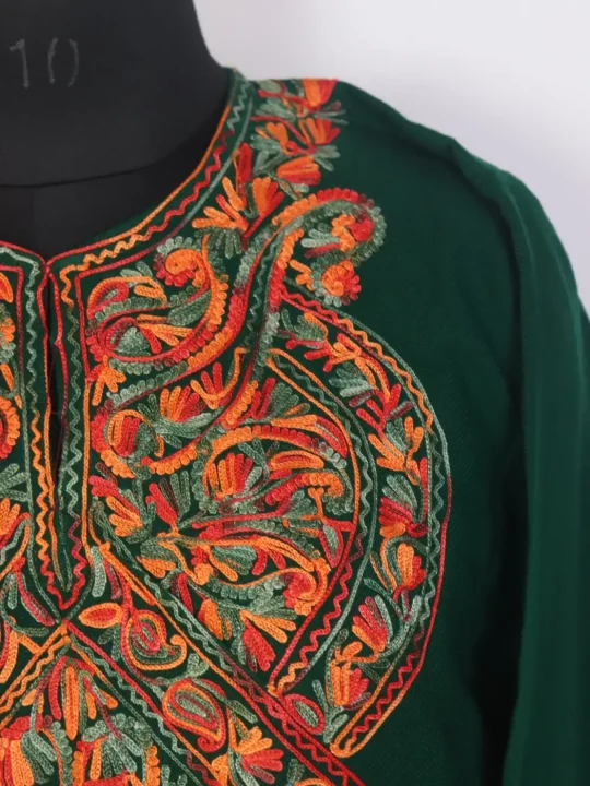 Naqshbahar Multicoloured Aari Work Kashmiri Cashmilon Pheran in Dark Green - Image 3
