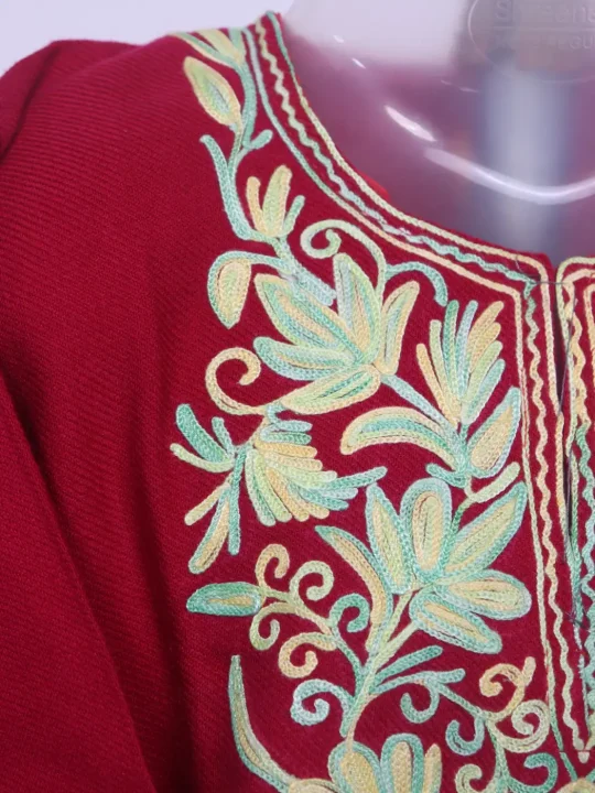 Nashita Kashmiri Girls Pheran With Aari Work In Red Cashmilon Wool (1 to 2Y) - Image 2