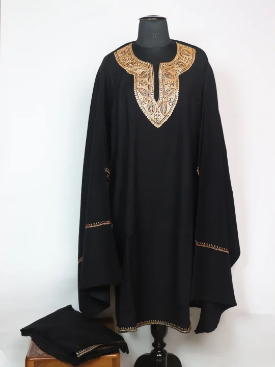 Nashrah Kashmiri Pheran  In Cashmilon Wool With Tilla Embroidery | Black | 3 Piece Set
