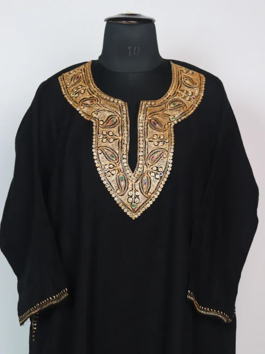 Nashrah Kashmiri Pheran In Cashmilon Wool With Tilla Embroidery | Black | 3 Piece Set - Image 2