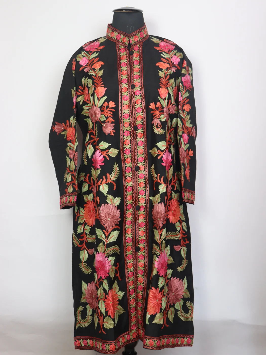 Nashwa Black Silk Kashmiri Aari Embroidered Long Coat