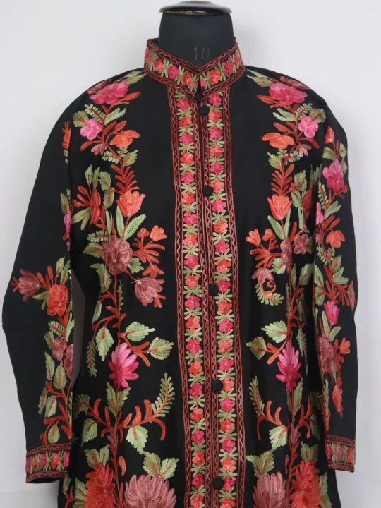 Nashwa Black Silk Kashmiri Aari Embroidered Long Coat - Image 2