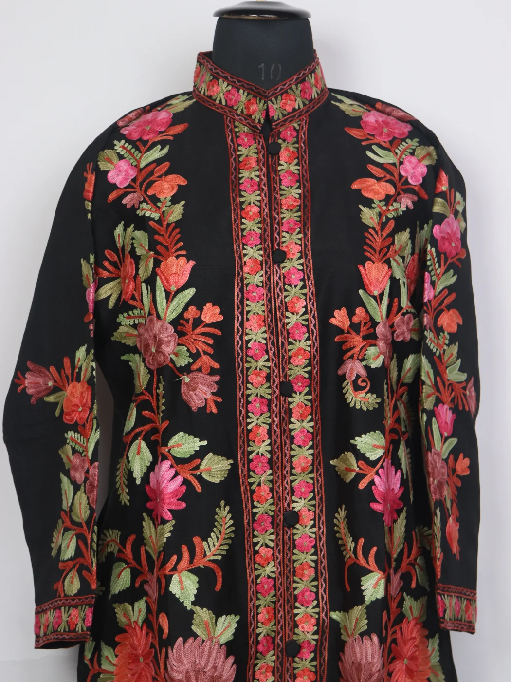 Nashwa Black Silk Kashmiri Aari Embroidered Long Coat - Image 2