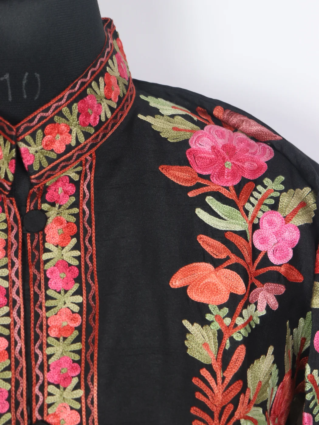 Nashwa Black Silk Kashmiri Aari Embroidered Long Coat - Image 3