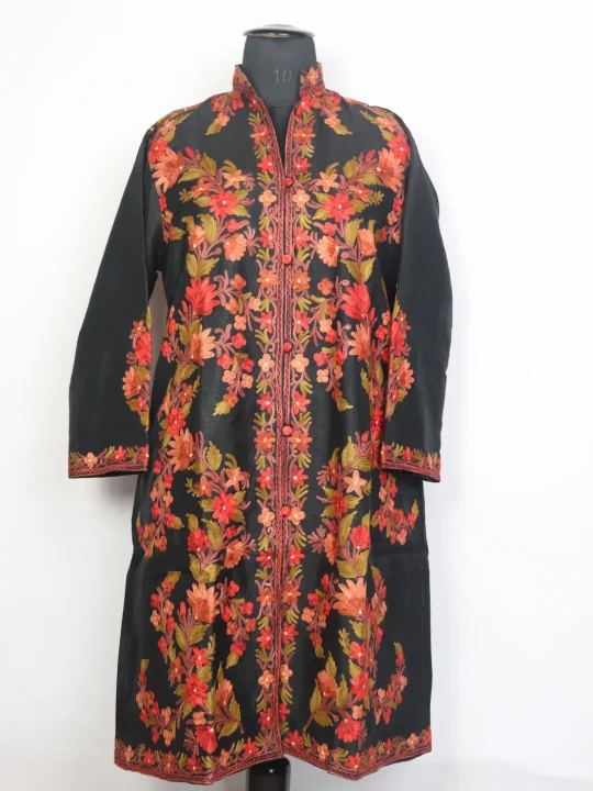 Long Black Silk Aari Embroidered Kashmiri Nashwa Coat