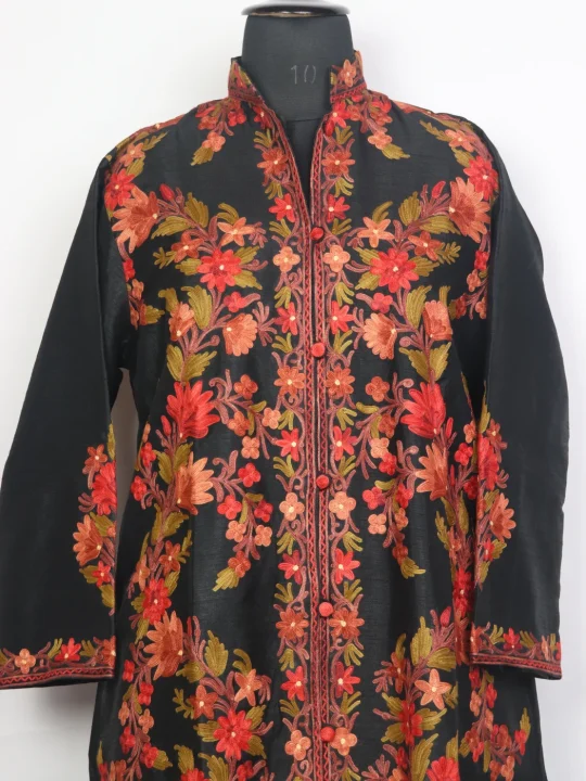 Long Black Silk Aari Embroidered Kashmiri Nashwa Coat - Image 2