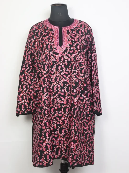 Naureen Black Kashmiri Pheran with All Over Hand Ari Work in Raffal Wool