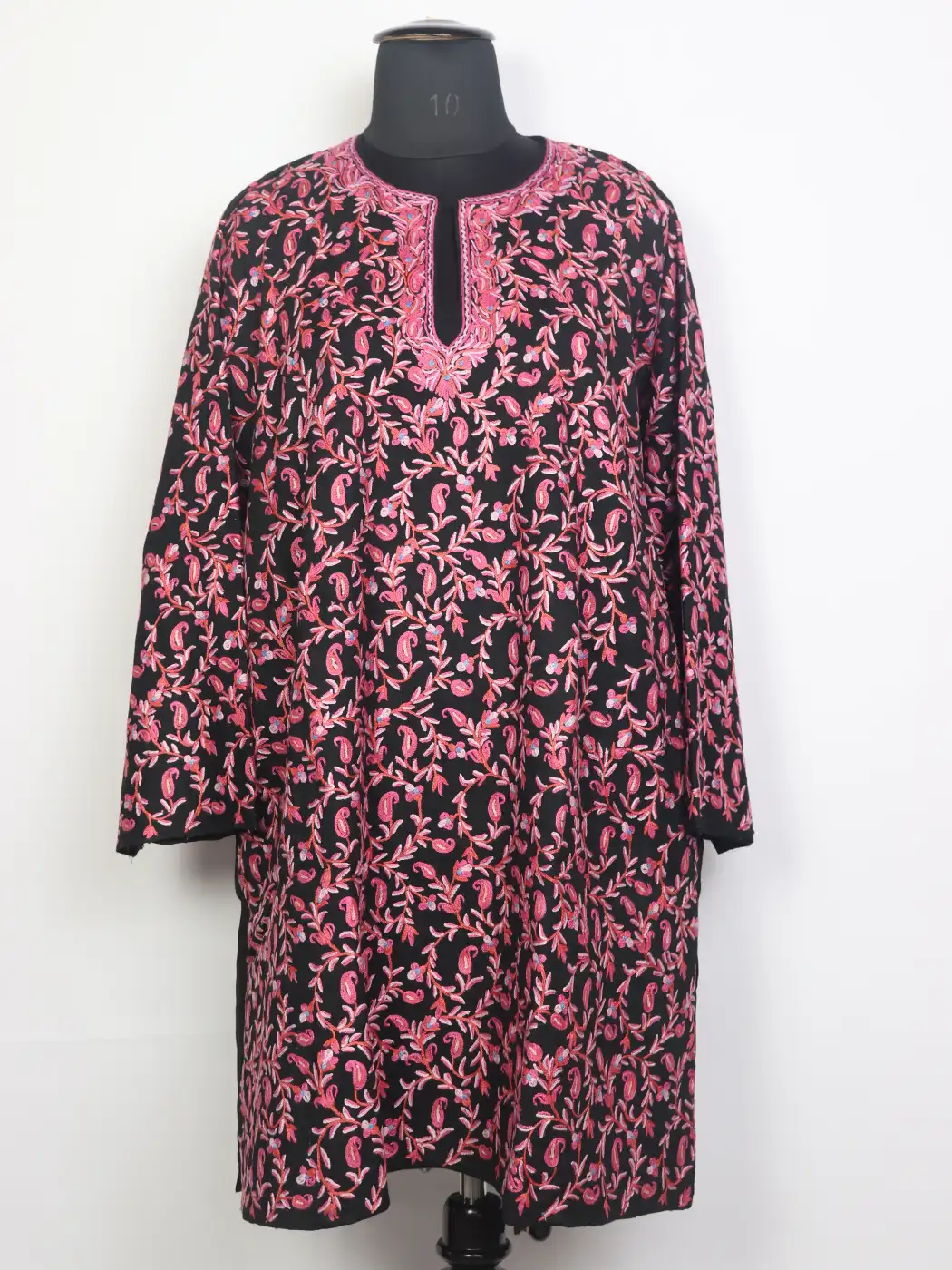 Naureen Black Kashmiri Pheran with All Over Hand Ari Work in Raffal Wool