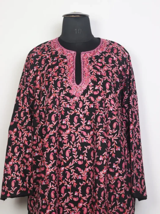 Naureen Black Kashmiri Pheran with All Over Hand Ari Work in Raffal Wool - Image 2