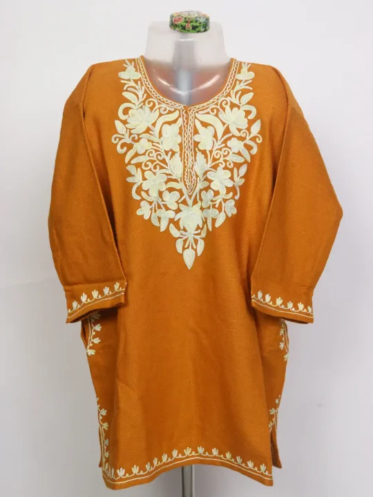 Nausheen Kashmiri Girls Pheran in Rust Yellow Cashmilon Wool with Aari Work (3 to 4Y)