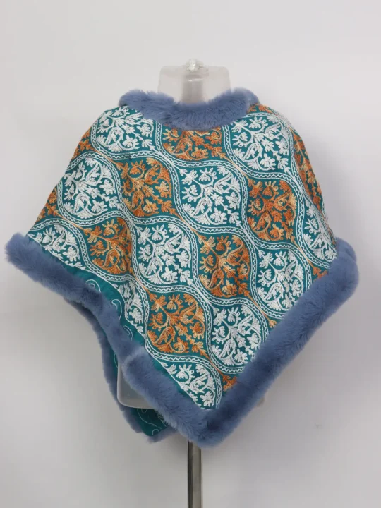 Naureen Blue Kashmiri Girls Fur Poncho Cashmilon Wool Aari Embrodery