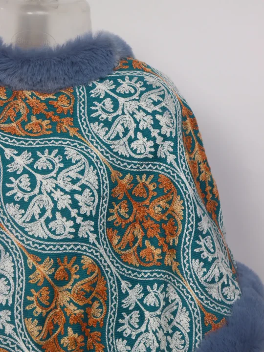 Naureen Blue Kashmiri Girls Fur Poncho Cashmilon Wool Aari Embrodery - Image 2