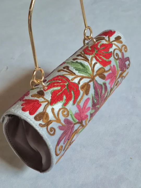 Nawal Kashmiri Light Grey Clutch Handbag with Aari Embroidery - Image 3