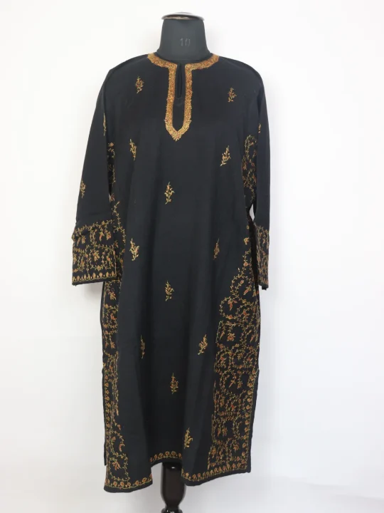 Kashmiri Pheran In Black Raffal Wool With Hand Sozni Paper Mache Side Jaal Work | Nayab