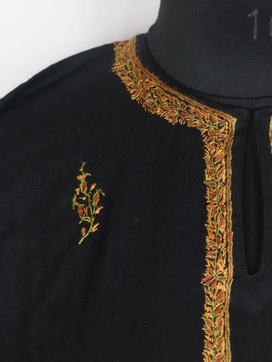 Kashmiri Pheran In Black Raffal Wool With Hand Sozni Paper Mache Side Jaal Work | Nayab - Image 3