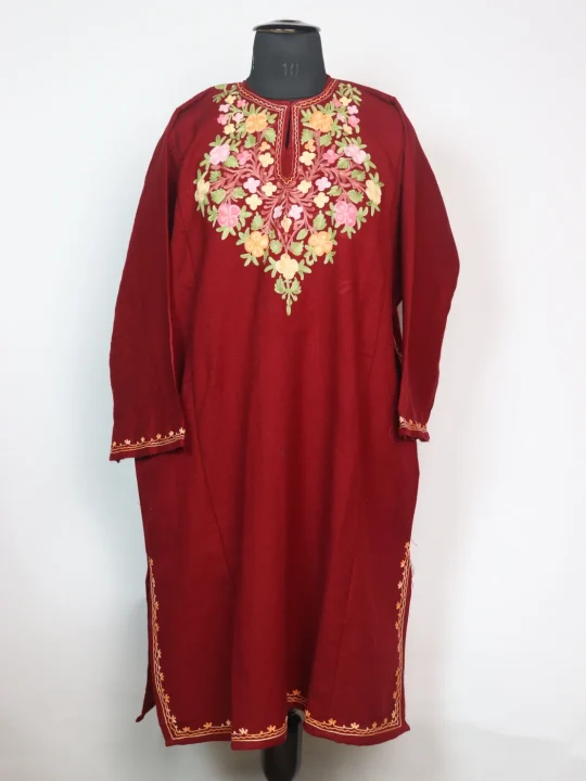 Nayla Kashmiri Pheran In Cashmilon Wool With Aari Embroidery | Maroon