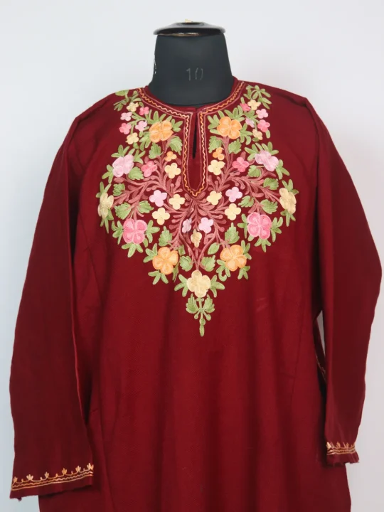 Nayla Kashmiri Pheran In Cashmilon Wool With Aari Embroidery | Maroon - Image 2