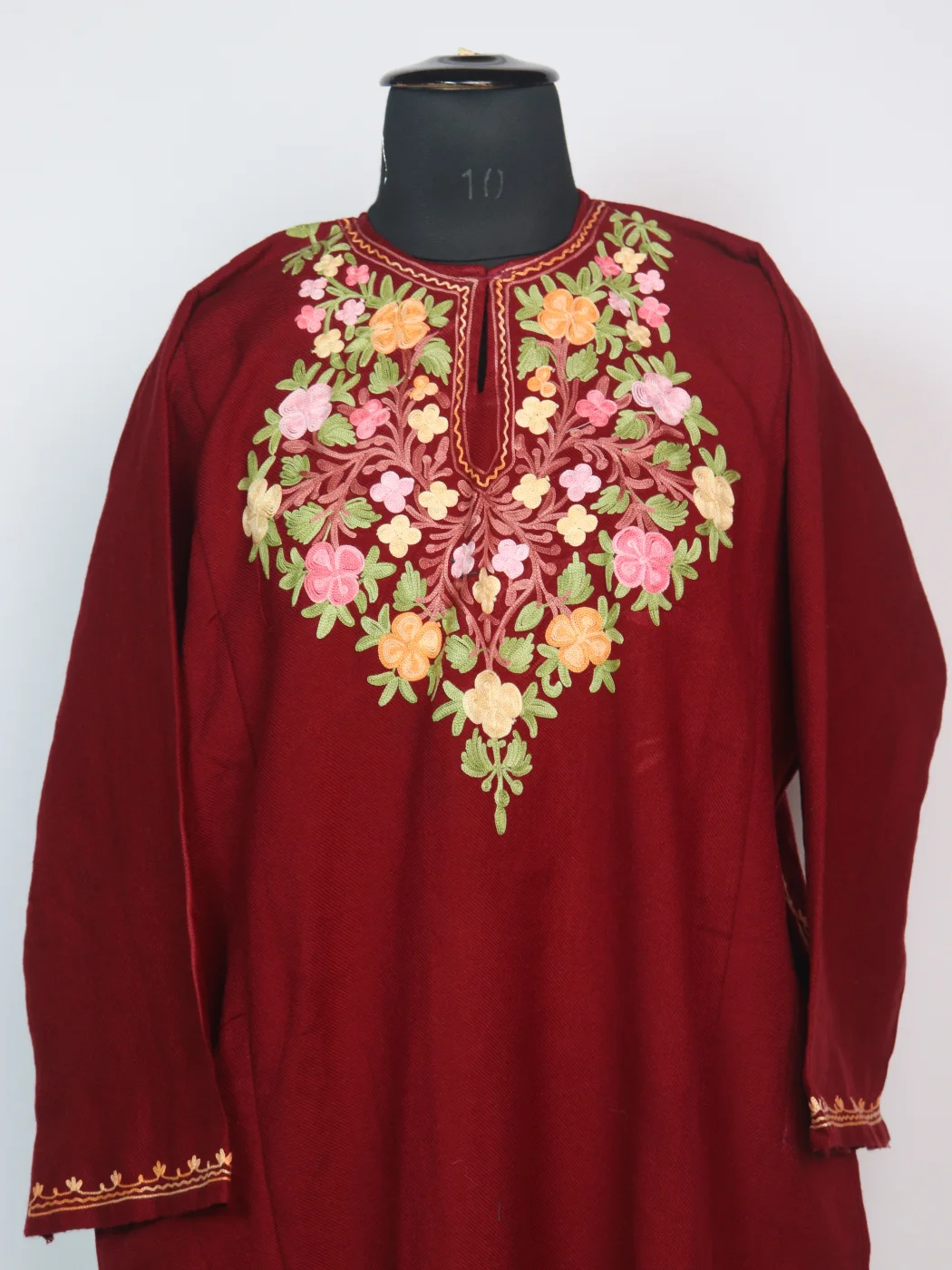 Nayla Kashmiri Pheran In Cashmilon Wool With Aari Embroidery | Maroon - Image 2