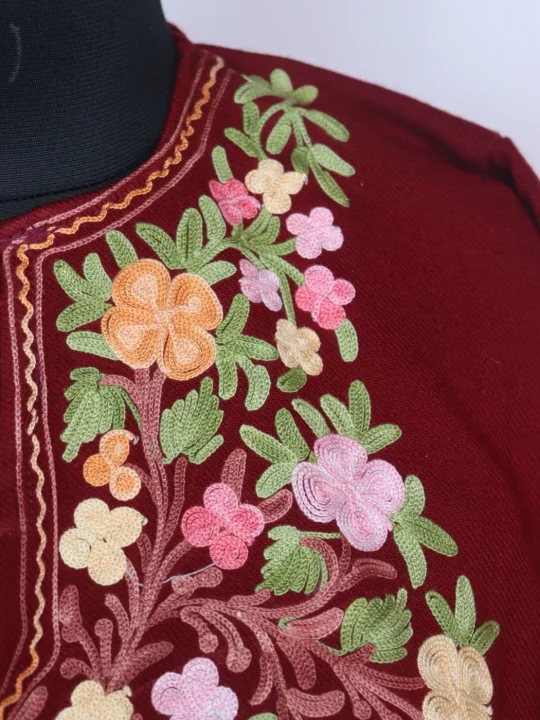 Nayla Kashmiri Pheran In Cashmilon Wool With Aari Embroidery | Maroon - Image 3