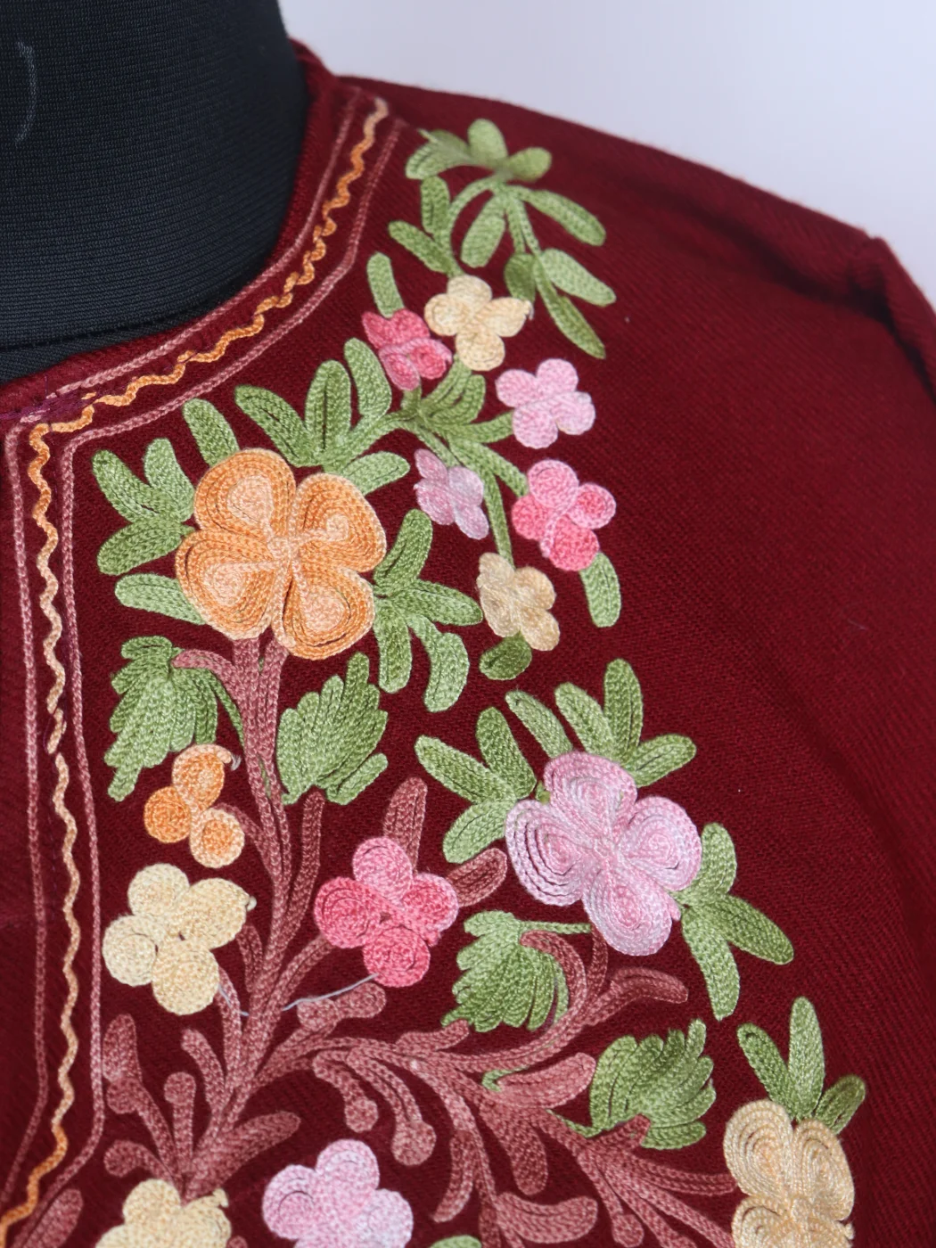 Nayla Kashmiri Pheran In Cashmilon Wool With Aari Embroidery | Maroon - Image 3