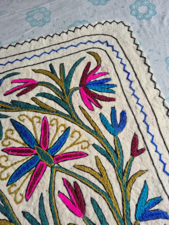 Nazakat Hand Embroidered Namda Rug – Pink & Blue Floral Design | 3×2 ft - Image 2