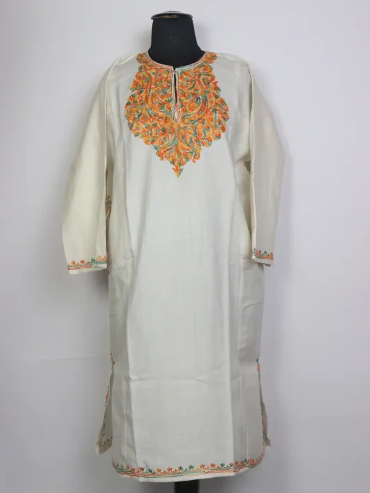 Nazneen White Kashmiri Pheran in Cashmilon Wool with Aari Work - Image 4