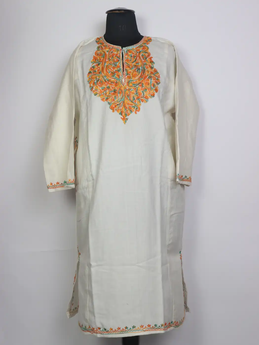 Nazneen White Kashmiri Pheran in Cashmilon Wool with Aari Work - Image 4