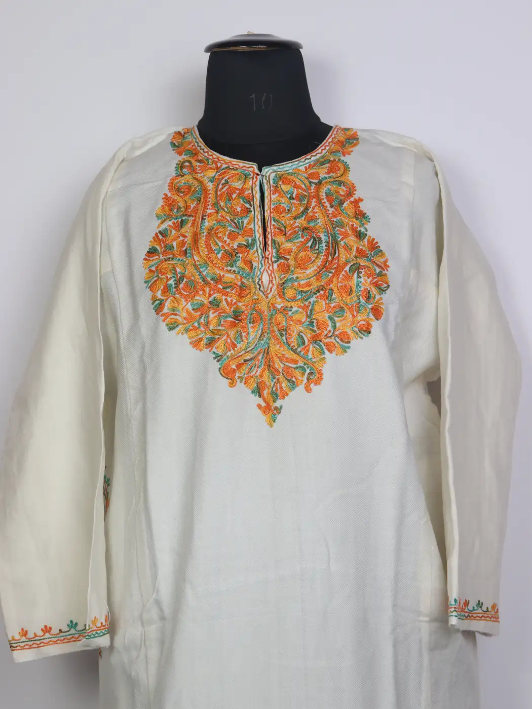 Nazneen White Kashmiri Pheran in Cashmilon Wool with Aari Work - Image 2