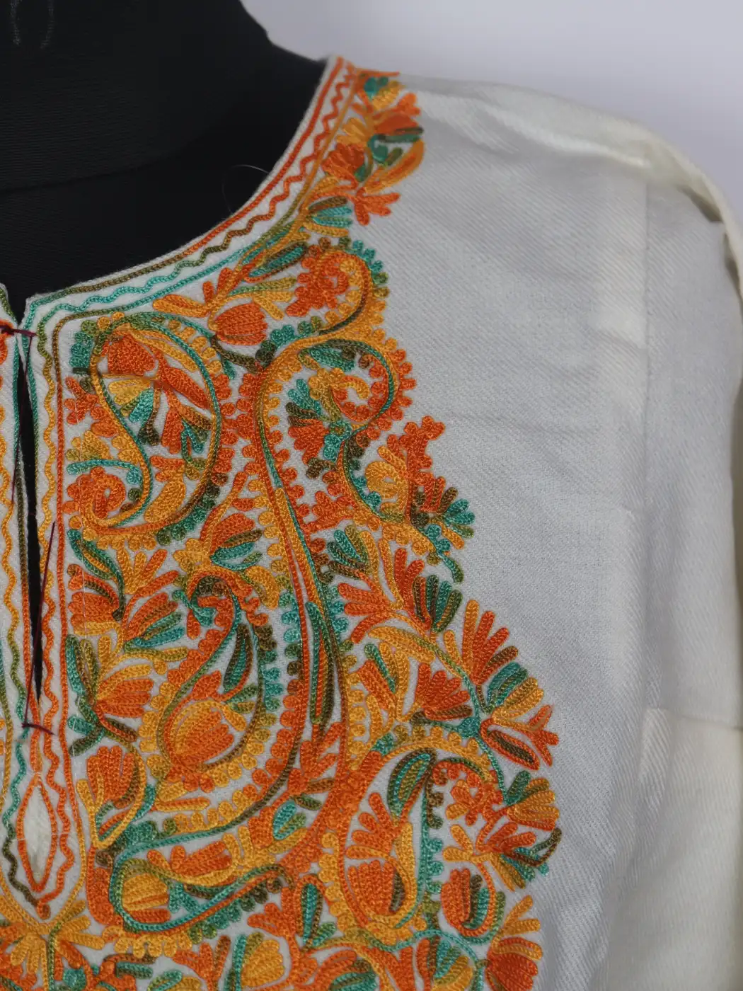 Nazneen White Kashmiri Pheran in Cashmilon Wool with Aari Work - Image 3