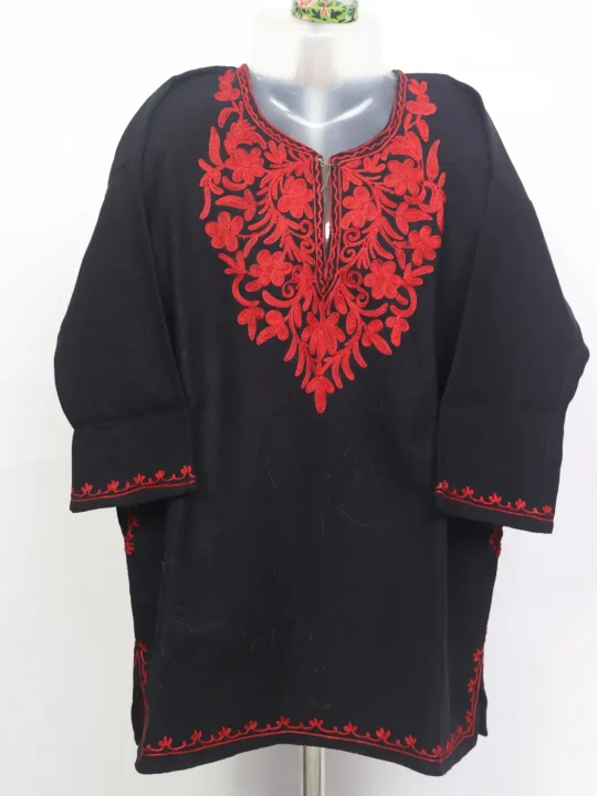 Nazneen Kashmiri Girls Pheran with Red Aari Work in Black Cashmilon Wool(3 to 4Y)