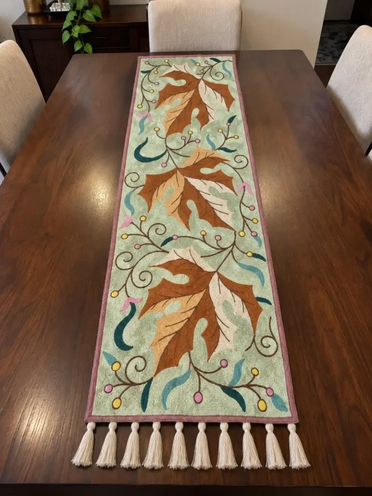 Nishat Kashmiri Silk Thread Chain Stitch Embroidery Runner Mint Green 4*1.5ft