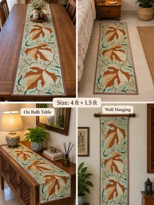 Nishat Kashmiri Silk Thread Chain Stitch Embroidery Runner Mint Green 4*1.5ft - Image 2