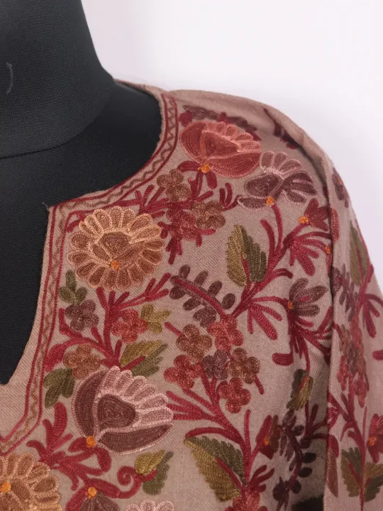 Noor Peach Kashmiri Aari Embroidered Jamawar Pheran Premium Count Wool - Image 3