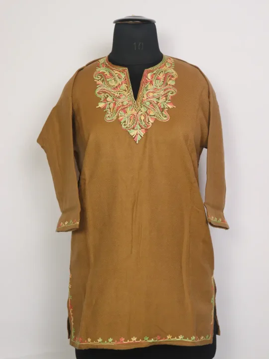 Noor Kashmiri Girls Pheran in Brown Cashmilon Wool with Aari Work(7 to 8Y)