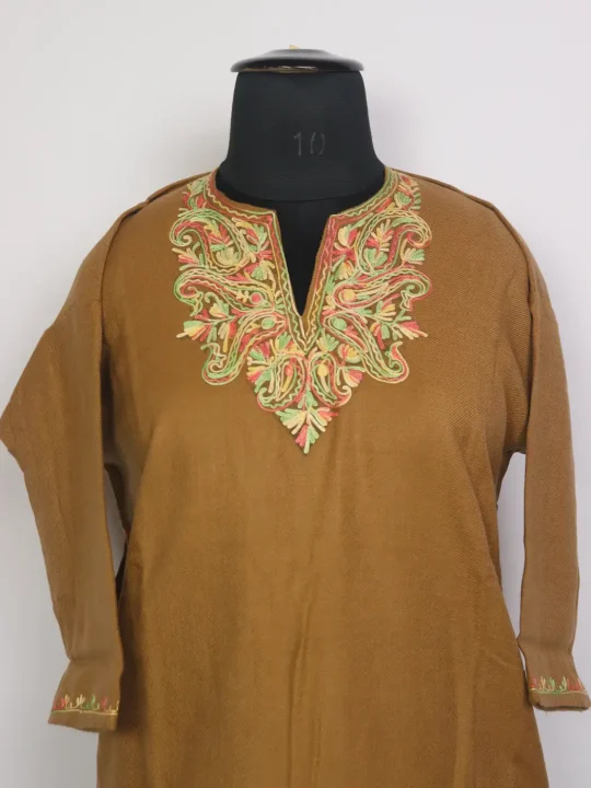 Noor Kashmiri Girls Pheran in Brown Cashmilon Wool with Aari Work(7 to 8Y) - Image 2