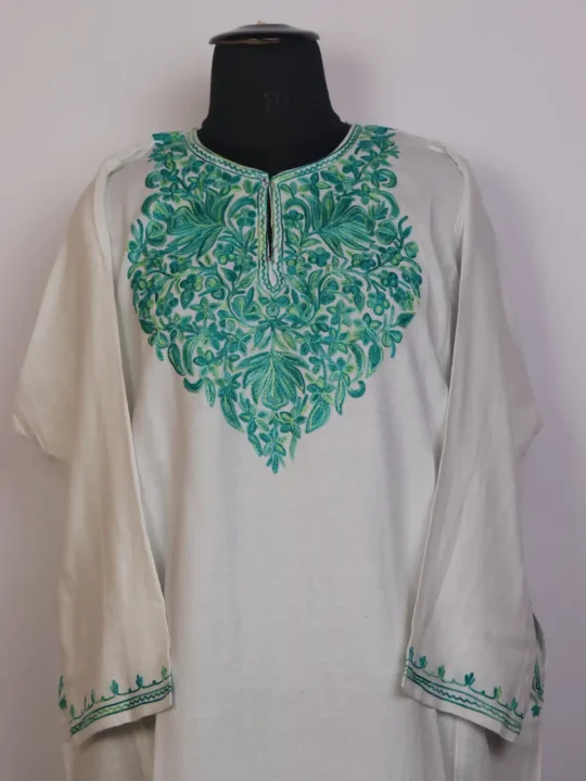 NooreGul White Cashmilon Aari Embroidered Kashmiri Pheran - Image 2