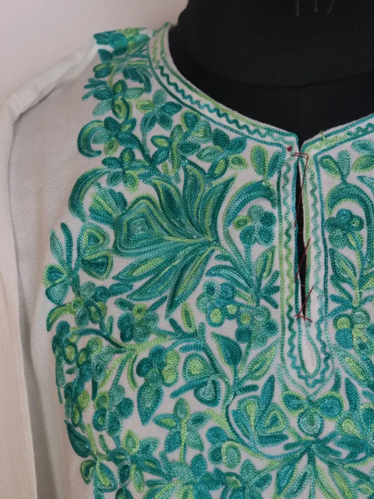 NooreGul White Cashmilon Aari Embroidered Kashmiri Pheran - Image 3
