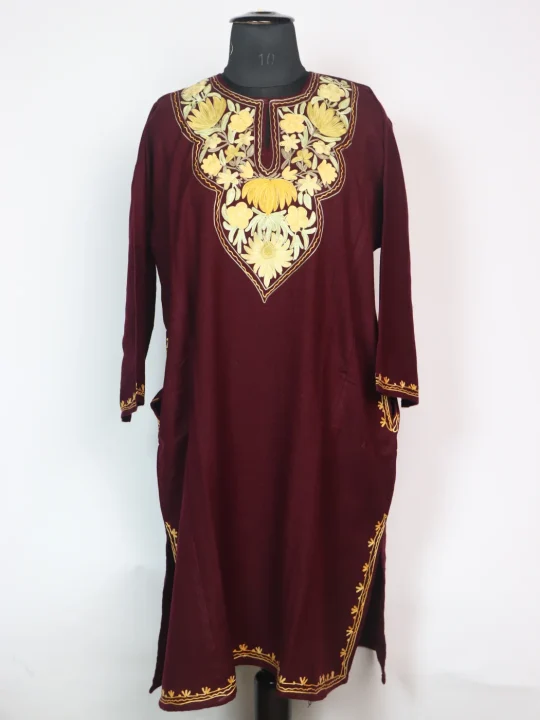 Wine Kashmiri Pheran In Cashmilon Wool With Aari Embroidery | Noreen