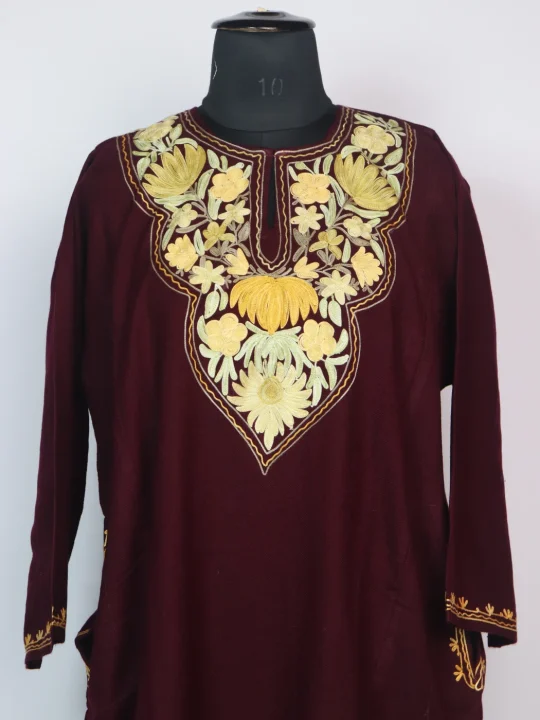 Wine Kashmiri Pheran In Cashmilon Wool With Aari Embroidery | Noreen - Image 2