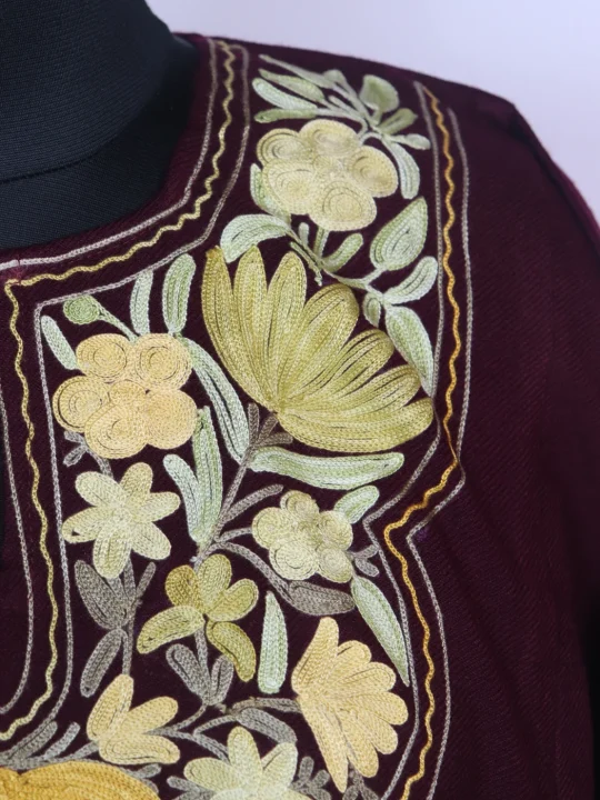 Wine Kashmiri Pheran In Cashmilon Wool With Aari Embroidery | Noreen - Image 3