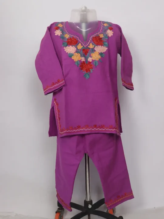 Noshin Purple Kashmiri Girls 2pc Pheran Set With Aari Work In Cashmilon Wool (1 to 2Y)