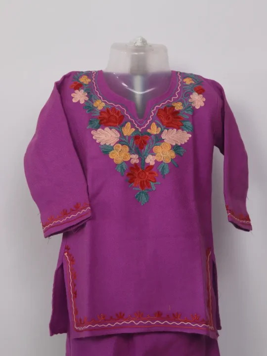 Noshin Purple Kashmiri Girls 2pc Pheran Set With Aari Work In Cashmilon Wool (1 to 2Y) - Image 2