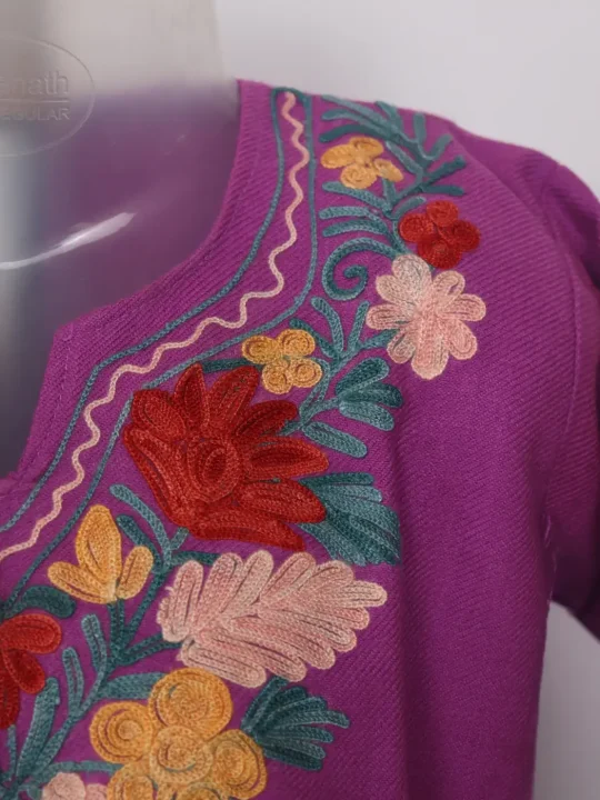 Noshin Purple Kashmiri Girls 2pc Pheran Set With Aari Work In Cashmilon Wool (1 to 2Y) - Image 3