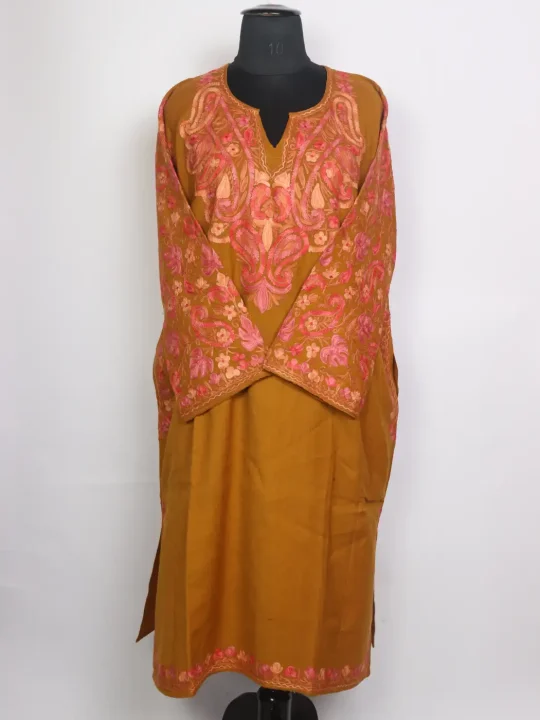 Nudar Kashmiri Raffal Wool Aari Embroidery Pheran Mustard Yellow