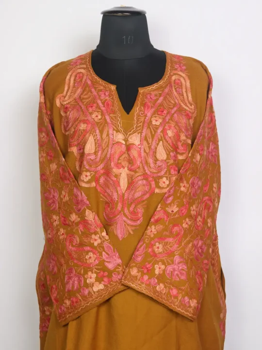 Nudar Kashmiri Raffal Wool Aari Embroidery Pheran Mustard Yellow - Image 2
