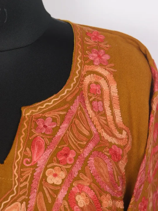 Nudar Kashmiri Raffal Wool Aari Embroidery Pheran Mustard Yellow - Image 3