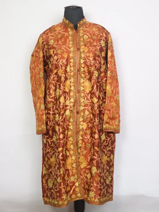 Rust Brown Kashmiri Silk Long Jaal Aari Work Coat Nusrat