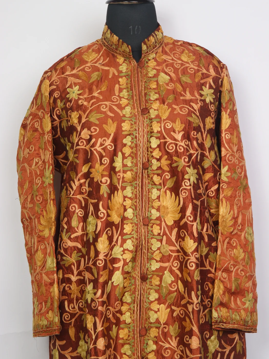 Rust Brown Kashmiri Silk Long Jaal Aari Work Coat Nusrat - Image 2
