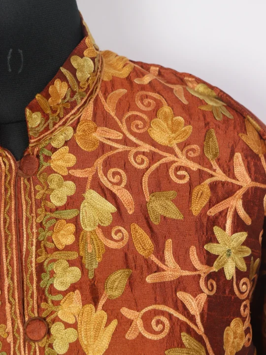Rust Brown Kashmiri Silk Long Jaal Aari Work Coat Nusrat - Image 3